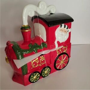 Christmas Train Santa Cookie Jar Ceramic Red White  10x9 Inches